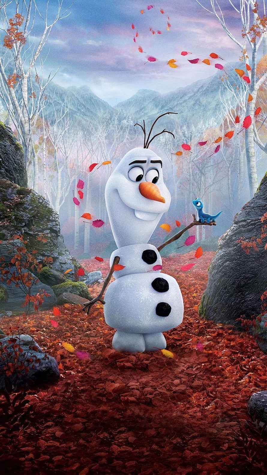 Olaf from Frozen standing in an autumn forest with falling leaves and a small blue bird perched on a branch HD phone wallpaper