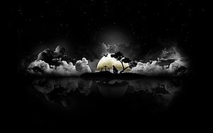 Moody Nighttime Silhouette of a Lone Figure and Tree on a Small Island with a Glowing Moon and Starry Sky HD wallpaper