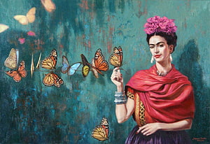 Frida Kahlo Portrait with Monarch Butterflies and Floral Crown HD wallpaper