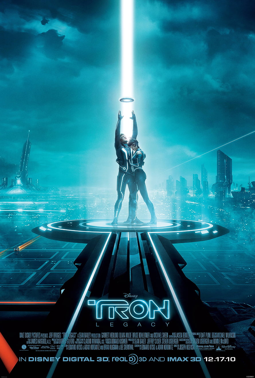 Tron Legacy Movie Poster Featuring Sam Flynn and Quorra Reaching for Light Beam HD phone wallpaper