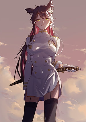 Atago from Azur Lane in a white military uniform holding a katana against a soft pink sky HD phone wallpaper