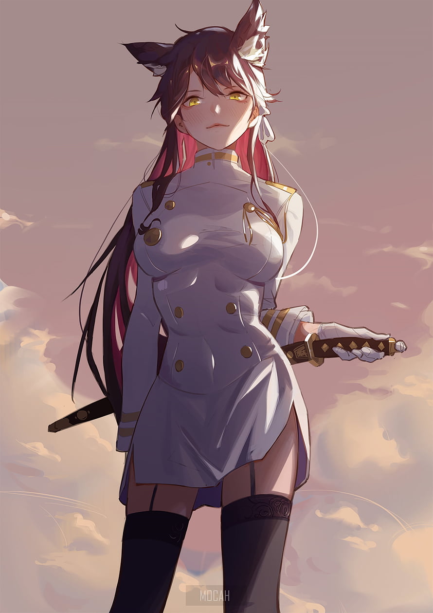 Atago from Azur Lane in a white military uniform holding a katana against a soft pink sky HD phone wallpaper