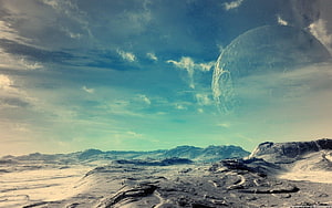 Alien Planet Surface with Distant Moon and Turquoise Sky HD wallpaper