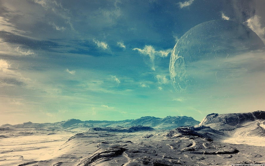 Alien Planet Surface with Distant Moon and Turquoise Sky HD wallpaper