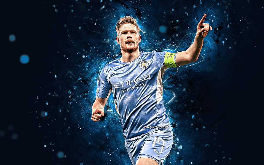 Kevin De Bruyne in Manchester City Home Kit with Blue Neon Particle Effects HD wallpaper