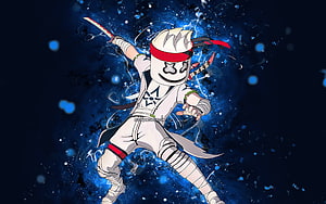 Marshinobi Fortnite Character Wielding Katana in Dynamic Blue Energy Burst HD wallpaper