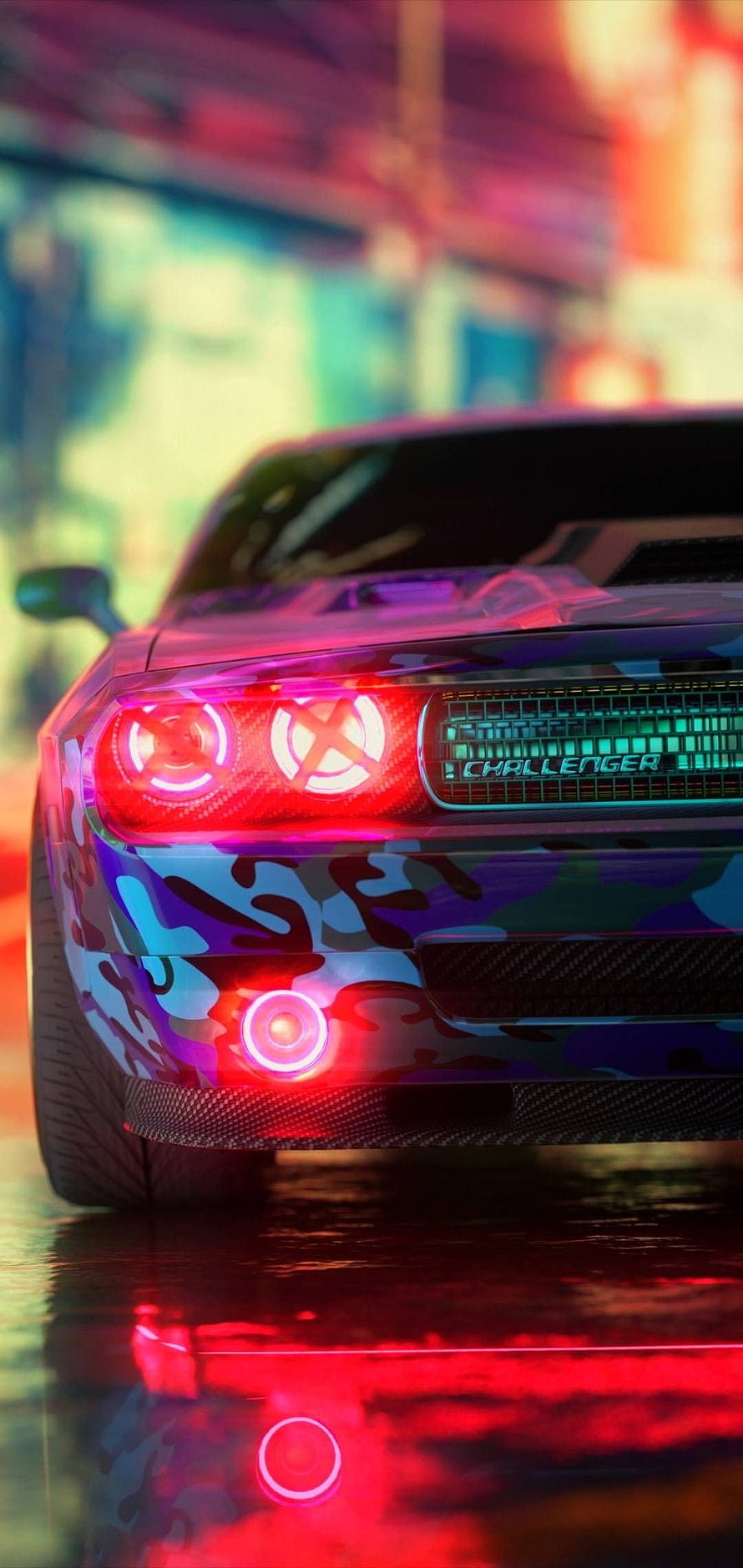 Dodge Challenger Neon Camo Front View with Glowing Red Headlights and Wet Street Reflections HD phone wallpaper