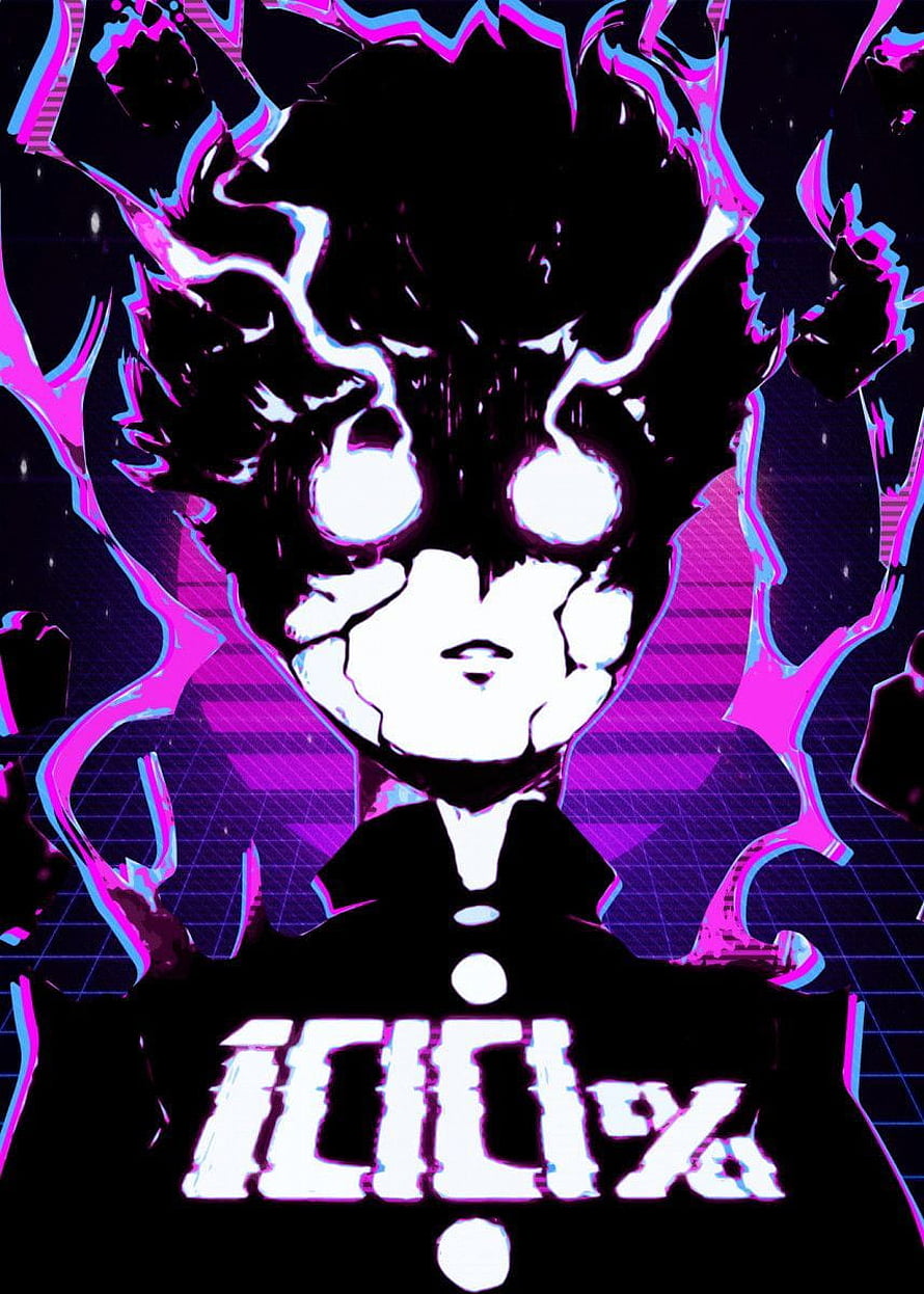 Mob Psycho 100 Anime Character with Glowing Eyes and Neon Purple Grid Background HD phone wallpaper