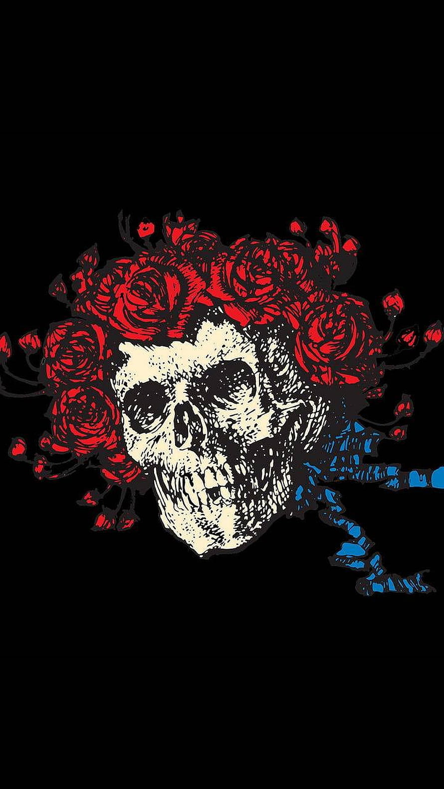Grateful Dead Skull with Red Roses and Blue Smoke on Black Background HD phone wallpaper