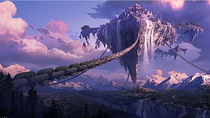 Floating Sky Castle Fantasy Landscape with Waterfalls and Mountain Ranges HD wallpaper