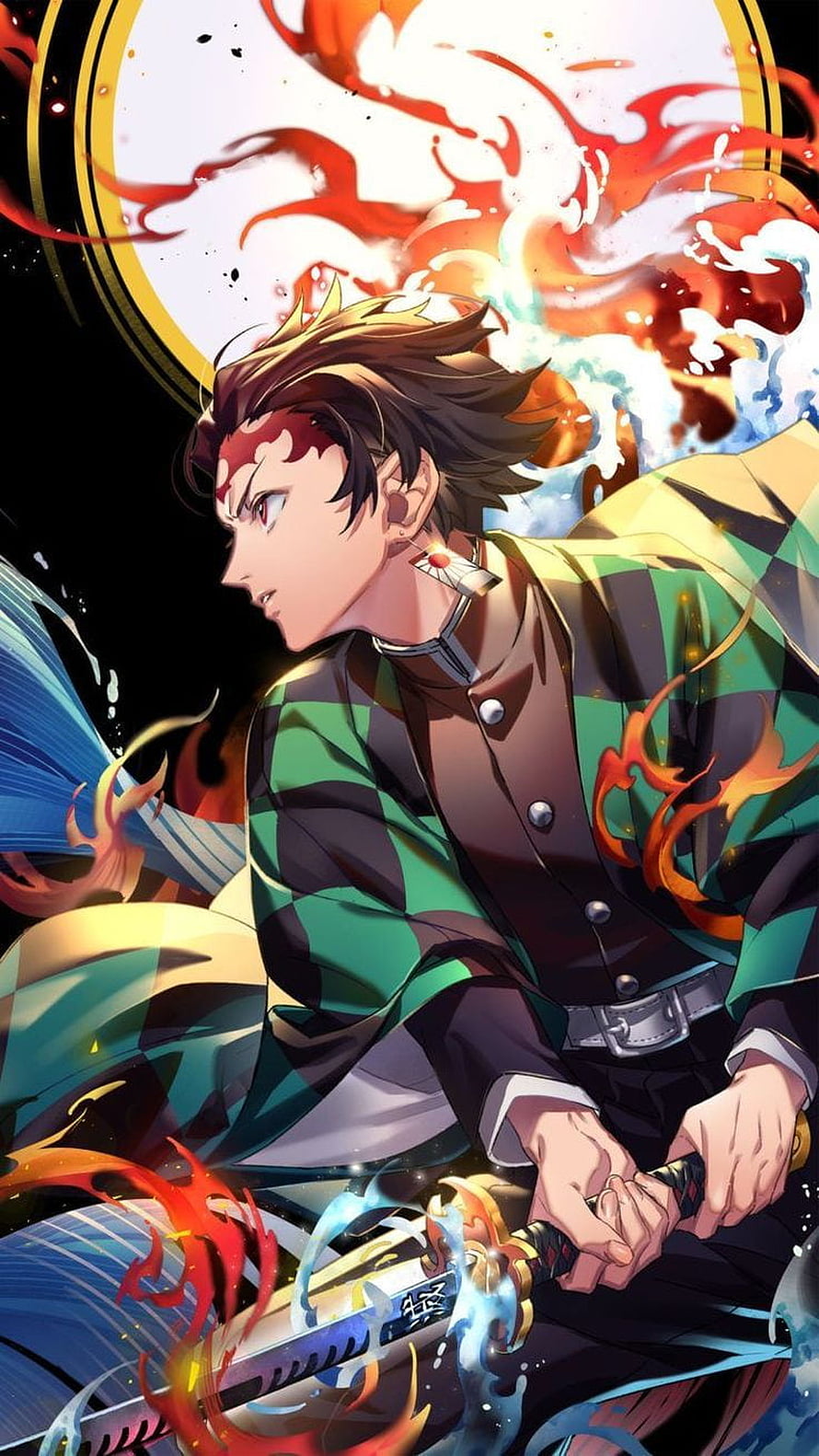 Demon Slayer Tanjiro Kamado wielding flaming katana in dynamic anime fanart HD phone wallpaper
