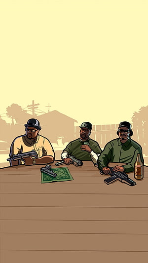 GTA San Andreas Characters Ryder CJ and Smoke at Table with Weapons HD phone wallpaper