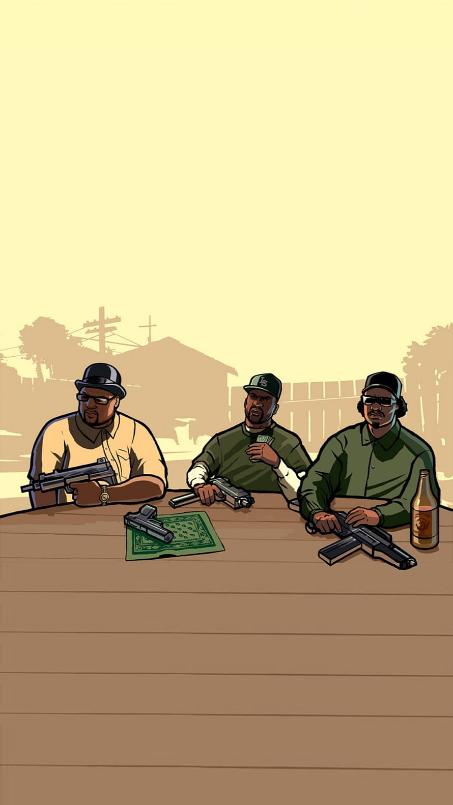 GTA San Andreas Characters Ryder CJ and Smoke at Table with Weapons HD phone wallpaper