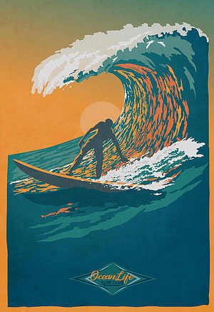 Ocean Life Surf Club Retro Wave Illustration with Silhouette Surfer and Sunset Sky HD phone wallpaper