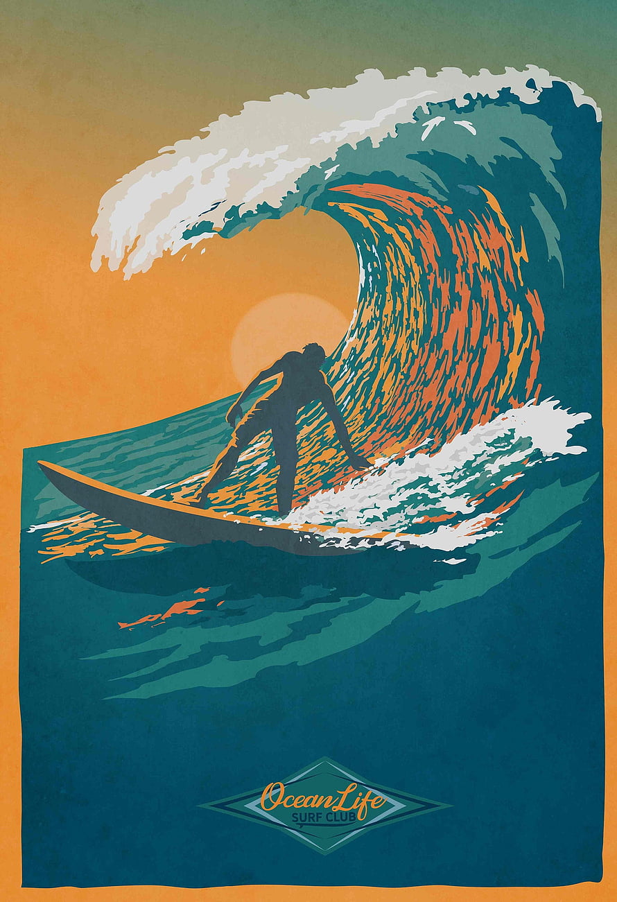 Ocean Life Surf Club Retro Wave Illustration with Silhouette Surfer and Sunset Sky HD phone wallpaper