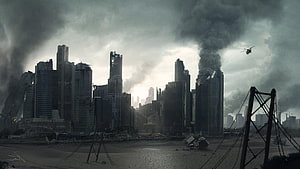 Post-Apocalyptic Cityscape with Burning Skyscrapers and Military Helicopter HD wallpaper