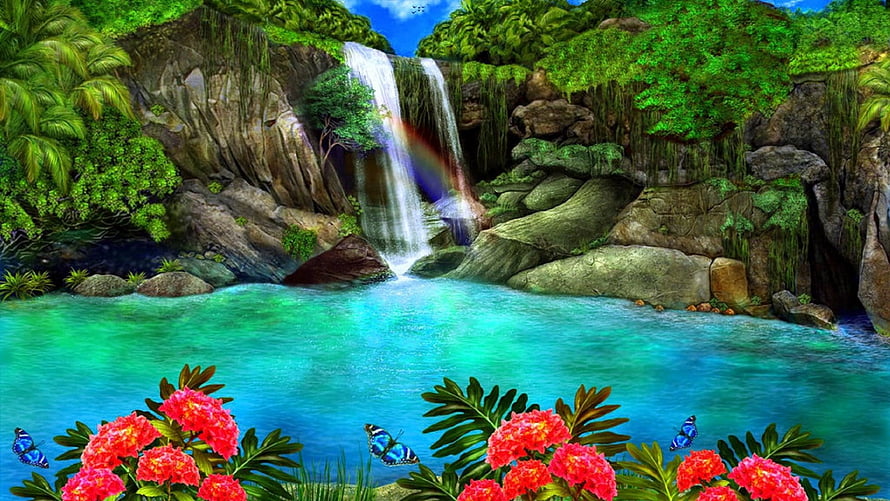 Vibrant Tropical Lagoon Waterfall Scene With Rainbow, Pink Flowers, And Blue Butterflies HD wallpaper
