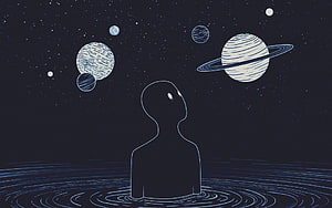 Minimalist Line Art of a Silhouette Gazing at Ringed Planets and Starry Space HD wallpaper