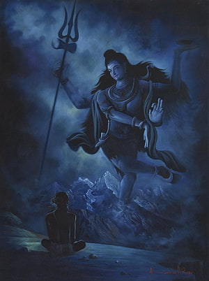 Shiva Tandav Cosmic Dance with Trishula and Meditating Figure in Misty Blue Landscape HD phone wallpaper