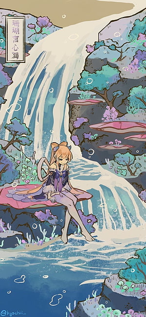 Yae Miko Sitting by a Waterfall in Genshin Impact Anime Illustration HD phone wallpaper