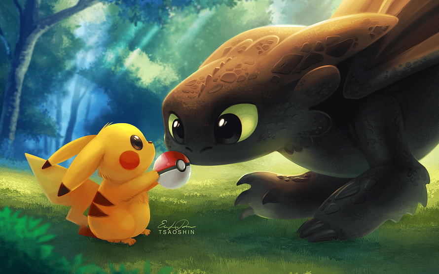 Pikachu and Toothless Sharing a Poké Ball in a Lush Forest Clearing HD wallpaper