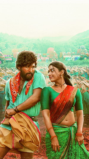 Pushpa The Rise Allu Arjun and Rashmika Mandanna in Vibrant Green and Red Attire HD phone wallpaper