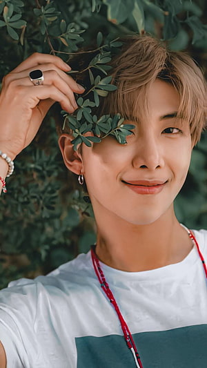 BTS RM Portrait With Green Foliage And White T-Shirt HD phone wallpaper