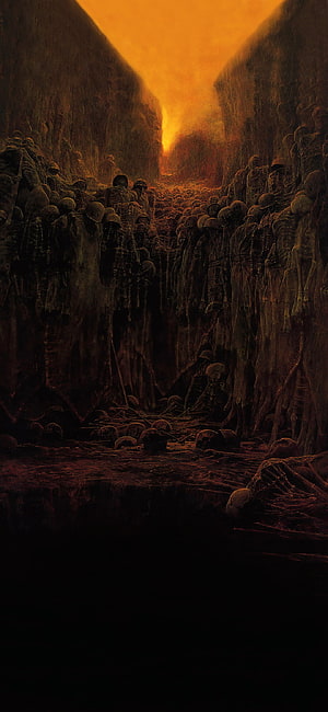 Zdzisław Beksiński Dark Surrealist Painting of Armored Figures in a Fiery Canyon HD phone wallpaper