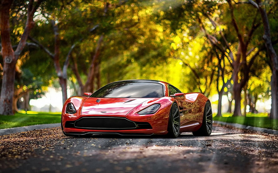 Red Aston Martin Vulcan Hypercar Parked on a Tree-Lined Road HD wallpaper