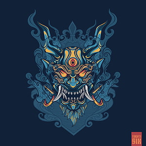 Blue Oni Mask Vector Illustration with Intricate Japanese Tattoo Style Ornamentation HD wallpaper