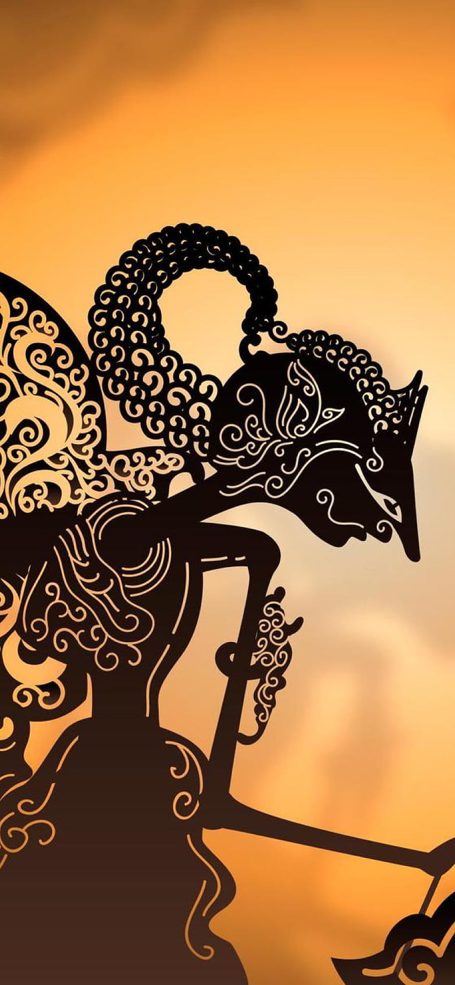 Intricate Wayang Kulit Silhouette of Arjuna and Gatotkaca Against Golden Backdrop HD phone wallpaper