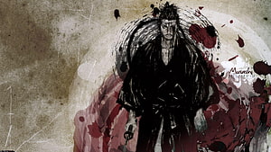 Miyamoto Musashi Samurai Warrior Ink Wash Artwork with Katana and Blood Splatter HD wallpaper