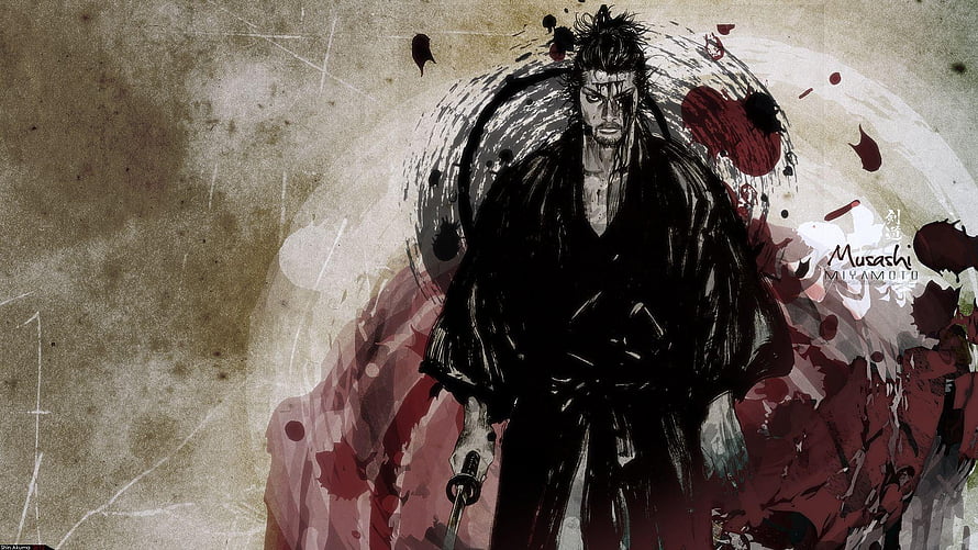 Miyamoto Musashi Samurai Warrior Ink Wash Artwork with Katana and Blood Splatter HD wallpaper
