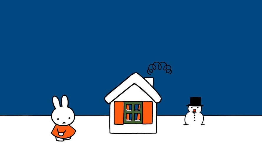 Miffy the Rabbit in a Snowy Winter Scene with a Cozy House and Snowman HD wallpaper