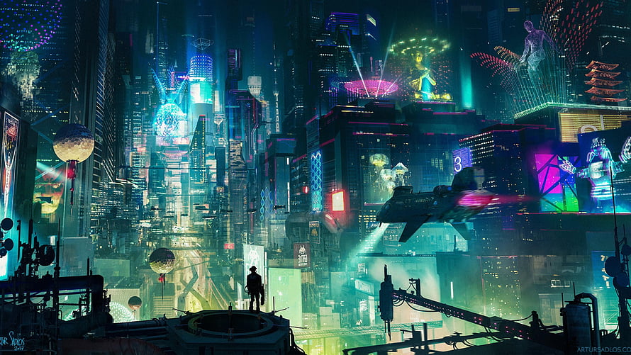 Neon-Lit Cyberpunk Metropolis with Flying Vehicles and Silhouetted Figure HD wallpaper