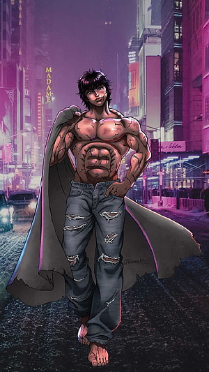 Baki Hanma Walking Through Neon City Street in Ripped Jeans and Tattered Cape HD phone wallpaper