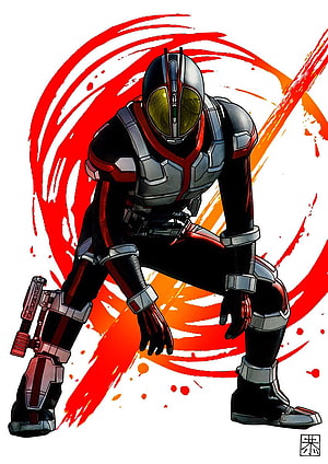 Kamen Rider Faiz in Dynamic Crouching Pose with Red Brushstroke Background HD phone wallpaper