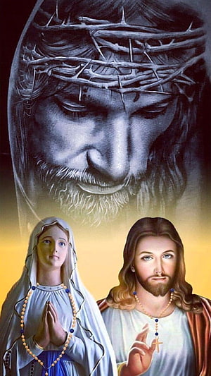 Sacred Christian Art Depicting Jesus Christ and Virgin Mary with Rosary and Crown of Thorns HD phone wallpaper
