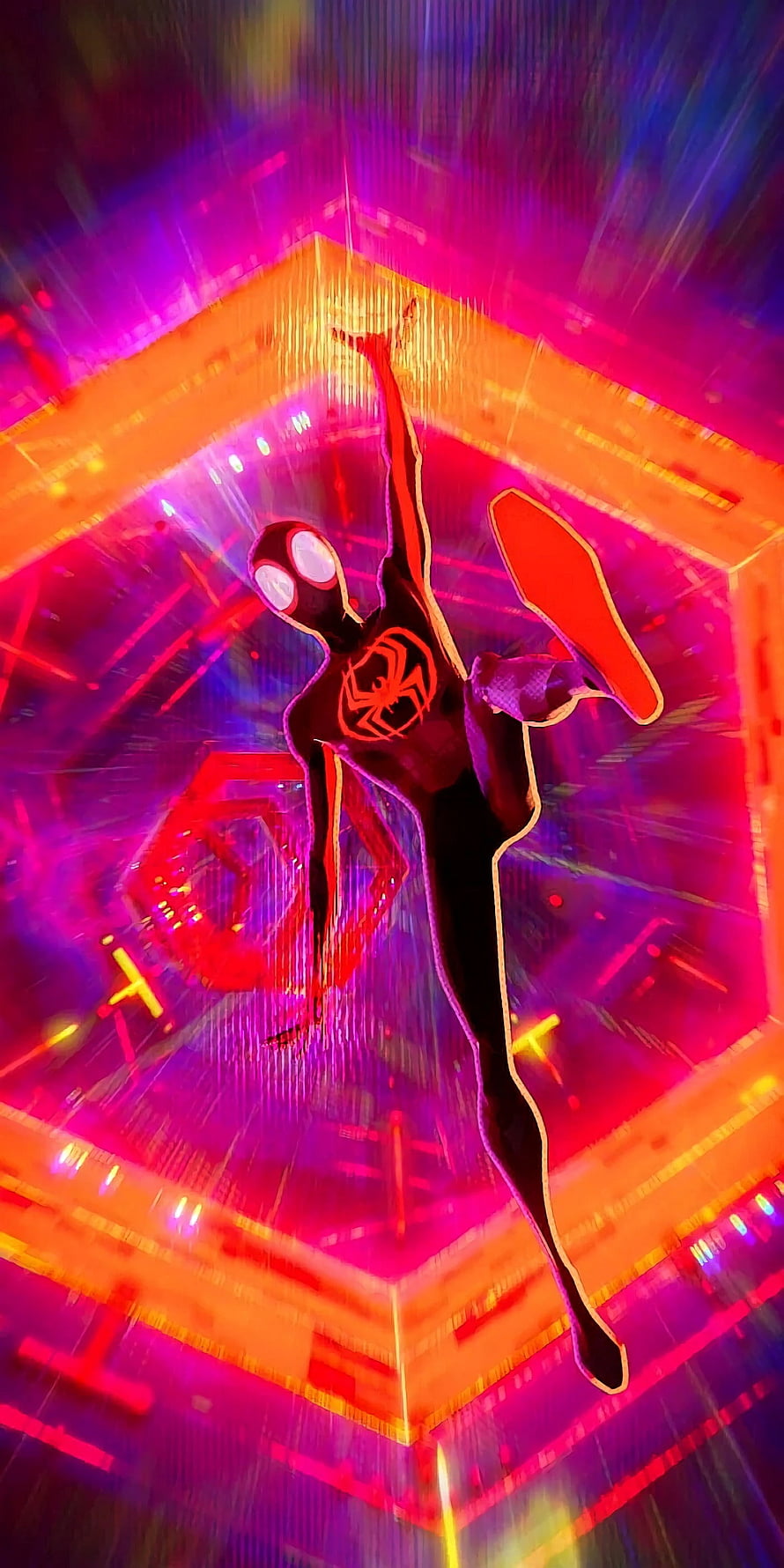 Miles Morales in a Dynamic Pose Within a Neon-Lit Geometric Tunnel HD phone wallpaper