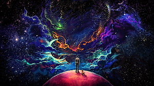 Man and Dog Standing on a Glowing Planet Under a Vibrant Cosmic Nebula, Man and dog, outdoor, clouds, fantasy, art, dark HD wallpaper