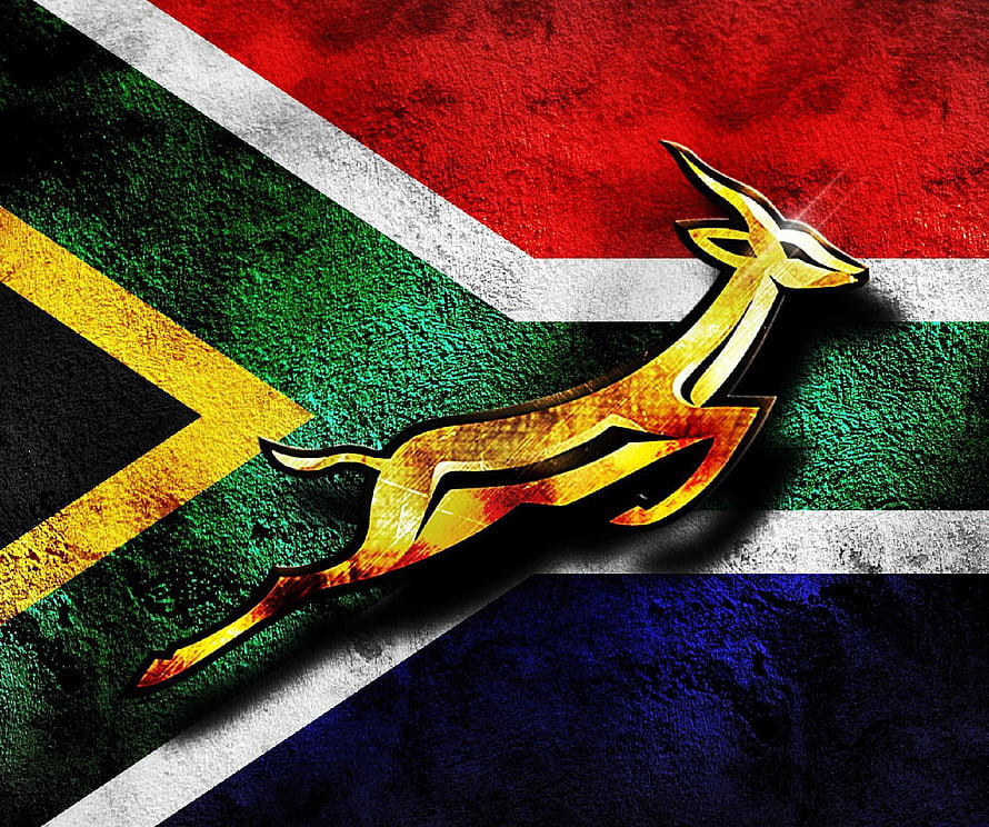 Springboks South Africa Rugby Team Emblem on National Flag Background HD wallpaper