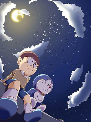 Nobita and Doraemon Gazing at the Starry Night Sky HD phone wallpaper