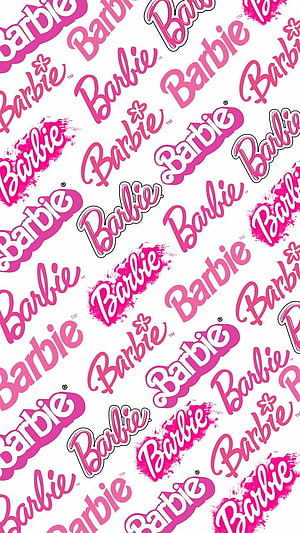 Barbie Logo Pattern Wallpaper in Pink and White with Multiple Script Variations and Brush Stroke Effects HD phone wallpaper