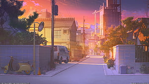 Anime Japanese Neighborhood Street at Sunset with Scooter and Van HD wallpaper