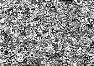 Monochrome Sticker Bomb Collage Featuring Streetwear Brands and Pop Culture Icons HD wallpaper