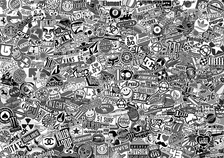 Monochrome Sticker Bomb Collage Featuring Streetwear Brands and Pop Culture Icons HD wallpaper