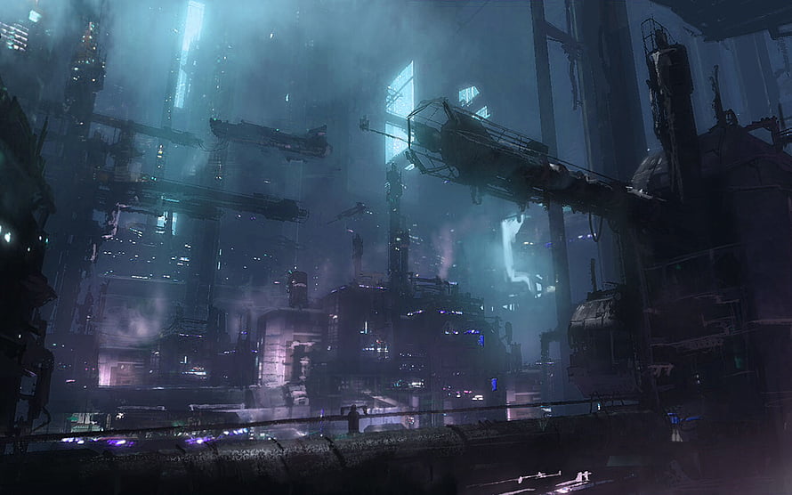 Dark Cyberpunk Cityscape with Industrial Structures and Neon Glow HD wallpaper