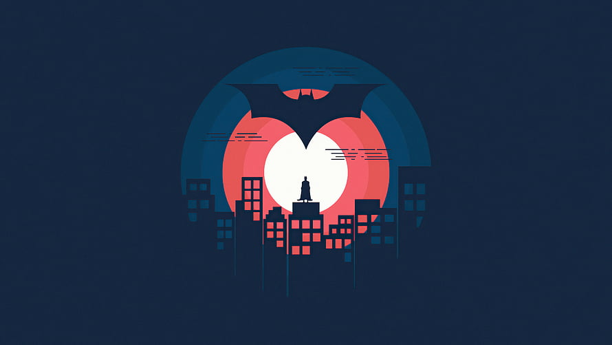 Batman Minimalist Cityscape with Bat Symbol and Silhouette HD wallpaper