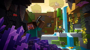 Minecraft Caves and Cliffs Adventure with Steve and Alex in a Vibrant Blocky Landscape HD wallpaper