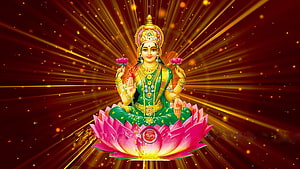 Goddess Lakshmi Seated on Lotus with Radiant Golden Rays and Om Symbol HD wallpaper